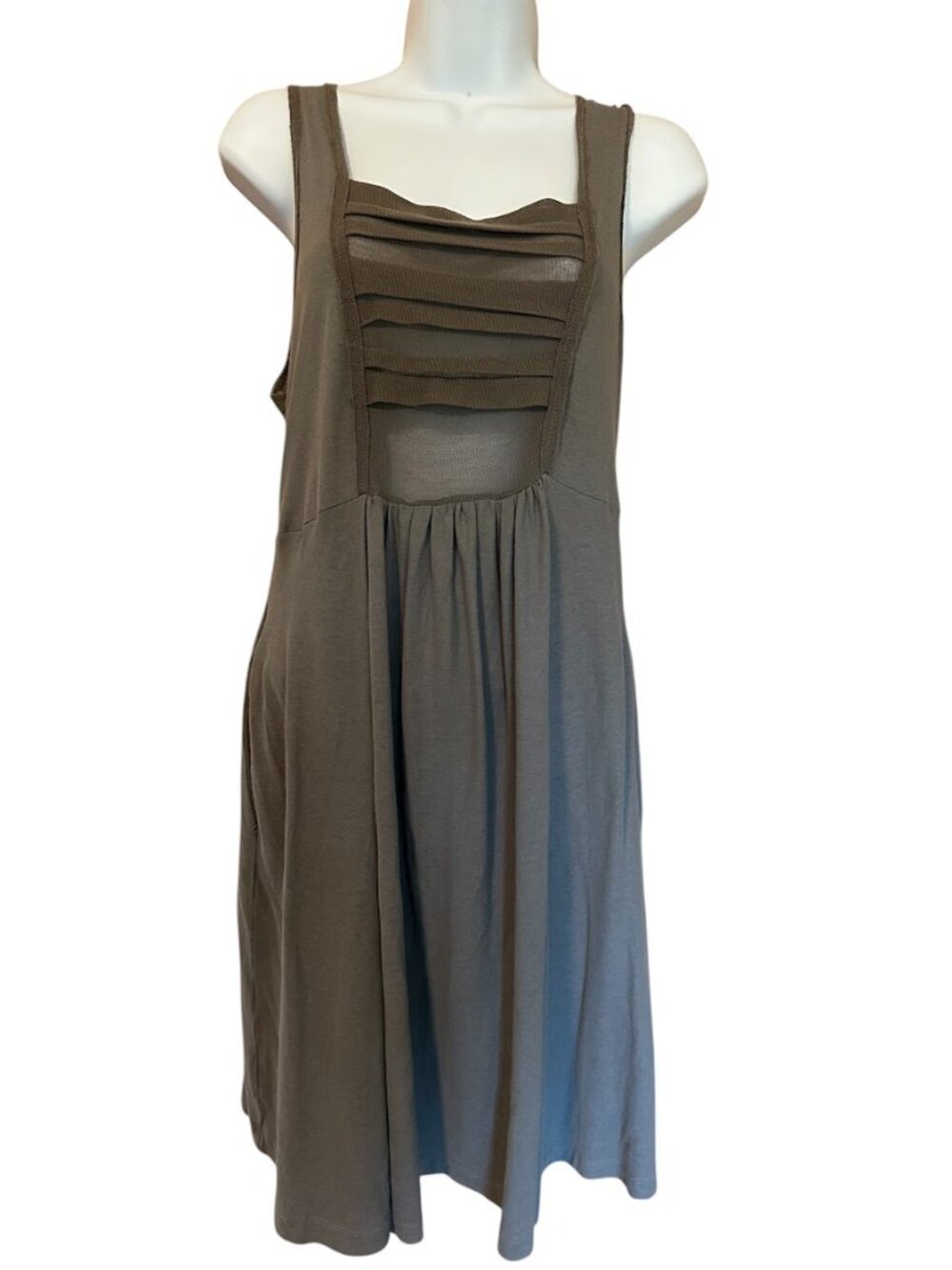 Lunn by Lilith Cotton Mesh Pleated Bodice Midi Lagenlook Dress Grey - Medium